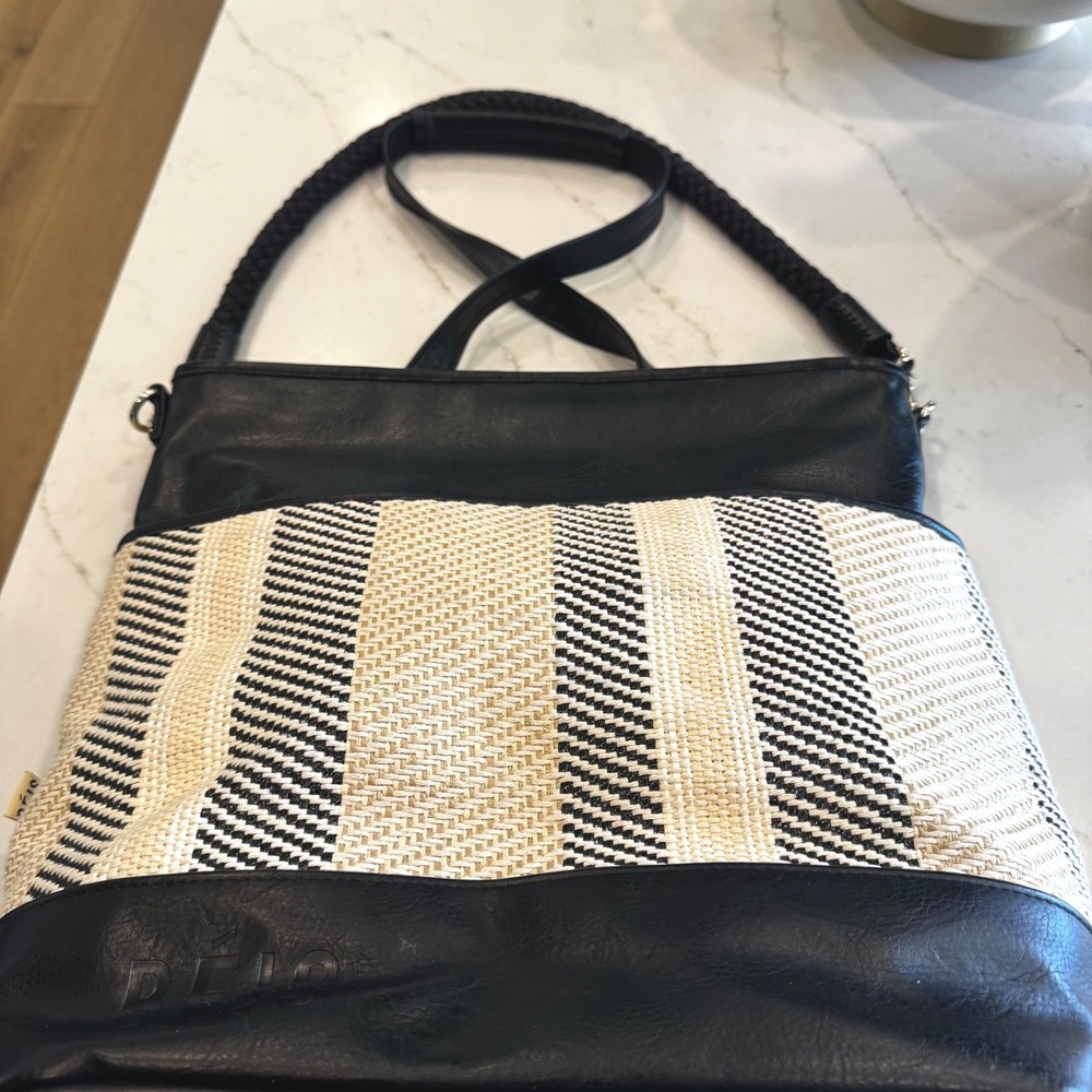 BEIS Convertible Tote Bag Black Cream Striped Faux Leather Woven Travel Handbag - Picture 2 of 16